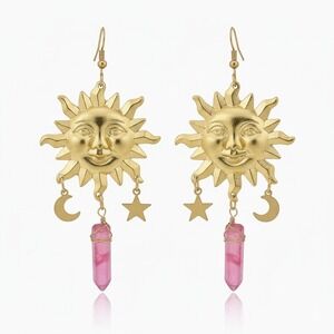 Gold Sun Moon Star Dangle Earrings Pink Quartz Crystal Boho Celestial‎ Earrings